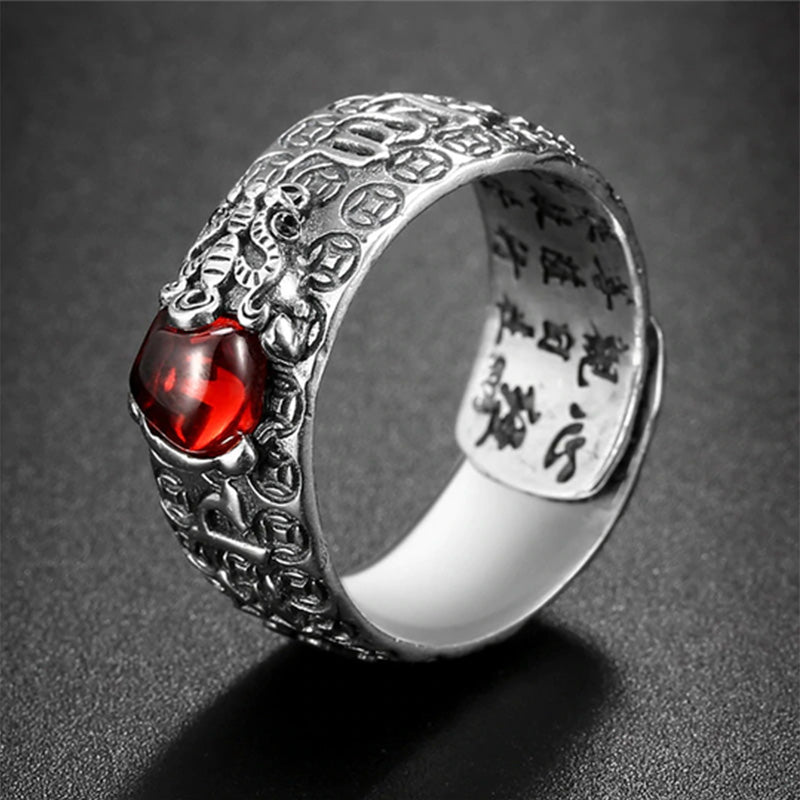 Anillo de Buda Piedras FengShui PiXiu Rojo Granate Corazón Sutra Riqueza