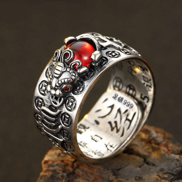 Anillo de Buda Piedras FengShui PiXiu Rojo Granate Corazón Sutra Riqueza