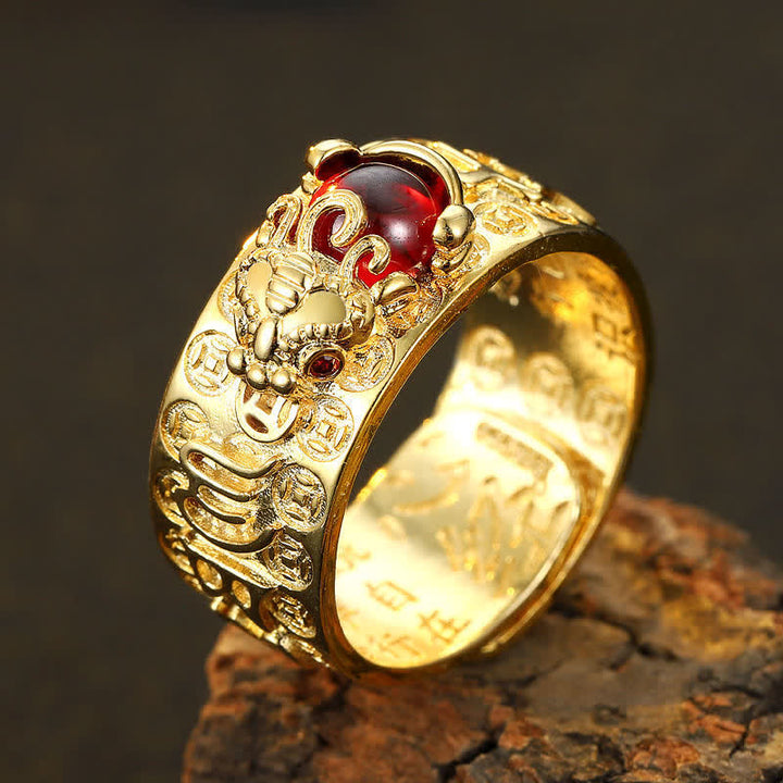 Anillo de Buda Piedras FengShui PiXiu Rojo Granate Corazón Sutra Riqueza