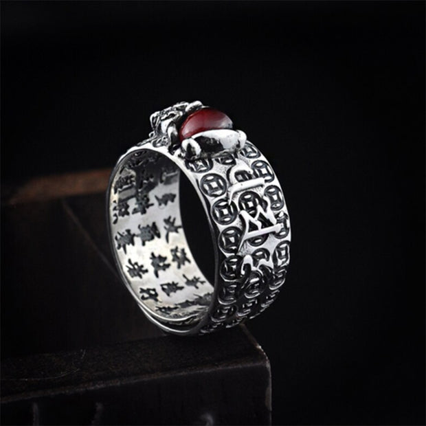 Anillo de Buda Piedras FengShui PiXiu Rojo Granate Corazón Sutra Riqueza